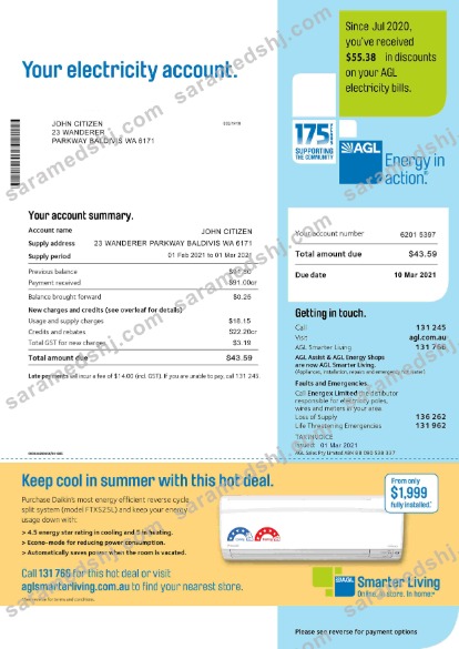 Australia AGL electricity utility bill template, fully editable in PSD format
